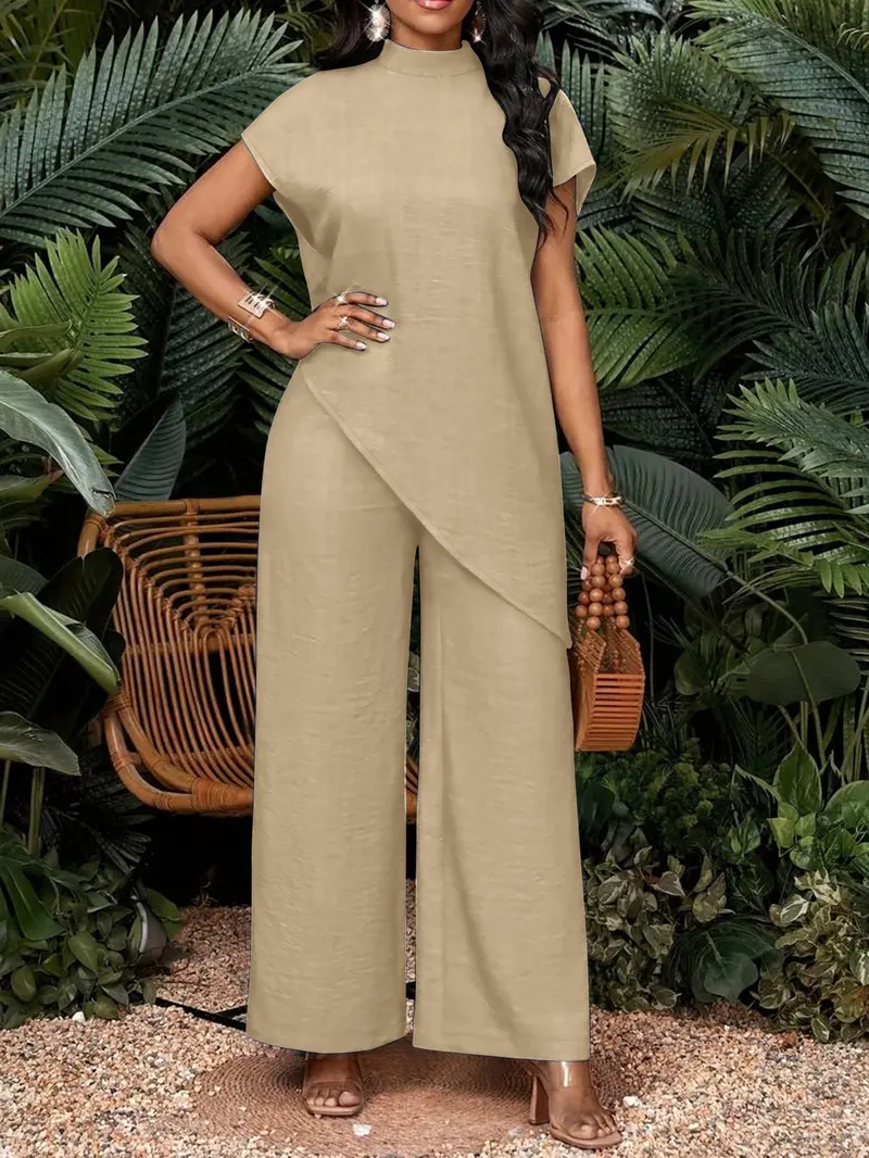 【Black Friday】Summer Women's Solid Stand Collar Asymmetrical Top & High Waist Wide Leg Pants Set, Casual Two-Piece Set for Business & Daily Wear, Womenswear 【Black Friday】Summer Women's Solid Stand Collar Asymmetrical Top & High Waist Wide Leg Pants Set, Casual Two-Piece Set for Business & Daily Wear, Womenswear