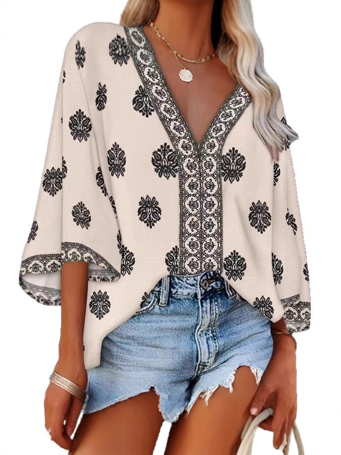 Bohemian Geometric Print V Neck Blouse for Women-Tactilefable