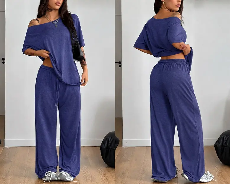 2 Pcs/Set Women's Minimalist Basic Daily Wear, Going Out, Sport Comfortable Off Shoulder T-Shirt and Wide Leg Pants Two Pieces Outfits, Womenswear 2 Pcs/Set Women's Minimalist Basic Daily Wear, Going Out, Sport Comfortable Off Shoulder T-Shirt and Wide Leg Pants Two Pieces Outfits, Womenswear