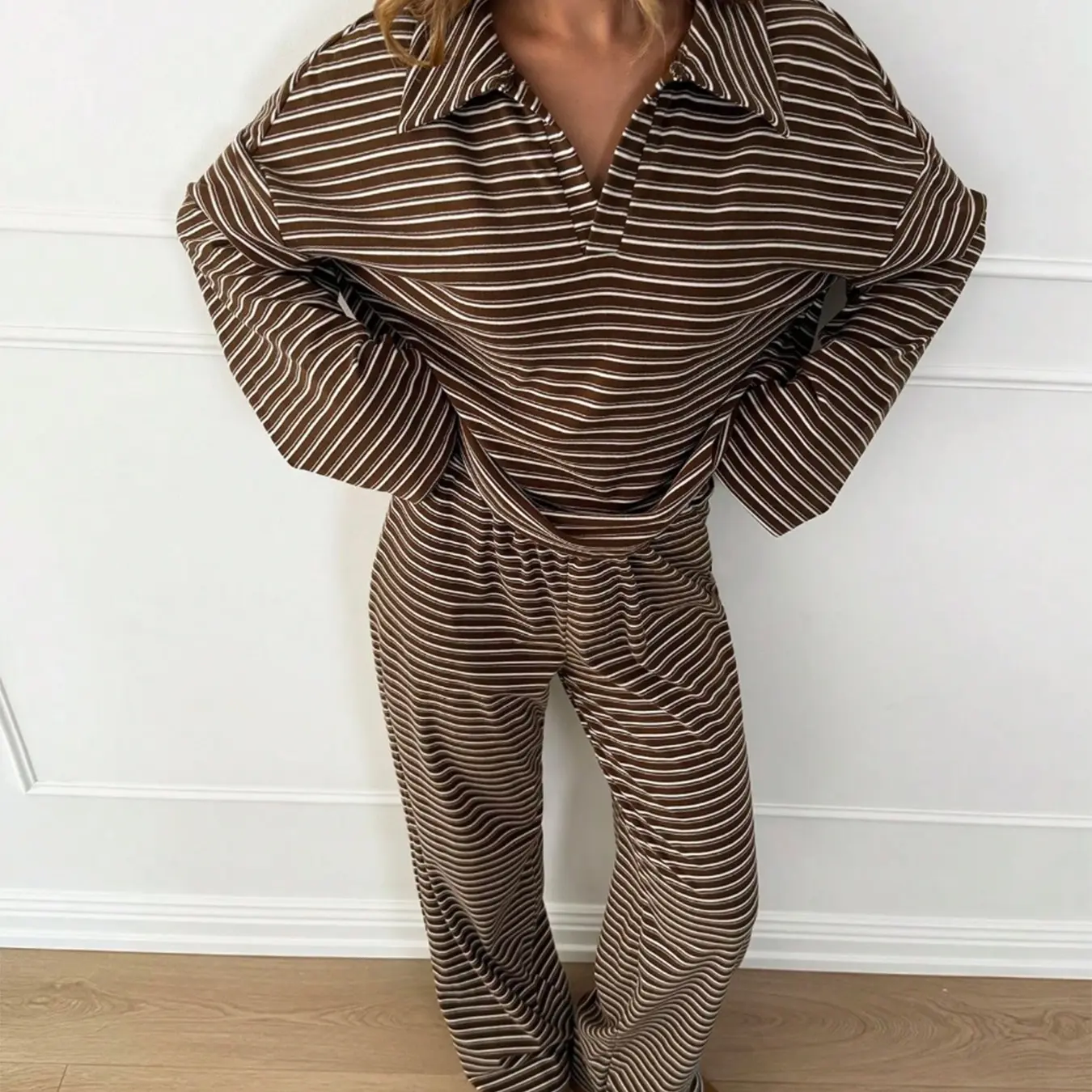 Women's 2-Piece Striped V-Neck Lounge Set