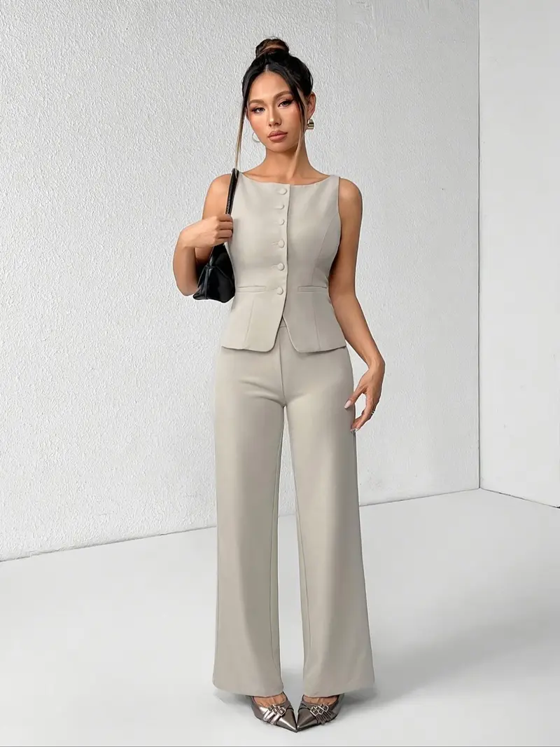 【Black Friday】Women's Solid Color Button Front Tank Top & Wide-Leg Pants Set, Casual Fashion Two-piece Set for Summer, Women's Clothing for Daily Wear, Office Siren Outfits, Elegant Suits