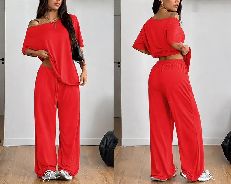 2 Pcs/Set Women's Minimalist Basic Daily Wear, Going Out, Sport Comfortable Off Shoulder T-Shirt and Wide Leg Pants Two Pieces Outfits, Womenswear 2 Pcs/Set Women's Minimalist Basic Daily Wear, Going Out, Sport Comfortable Off Shoulder T-Shirt and Wide Leg Pants Two Pieces Outfits, Womenswear