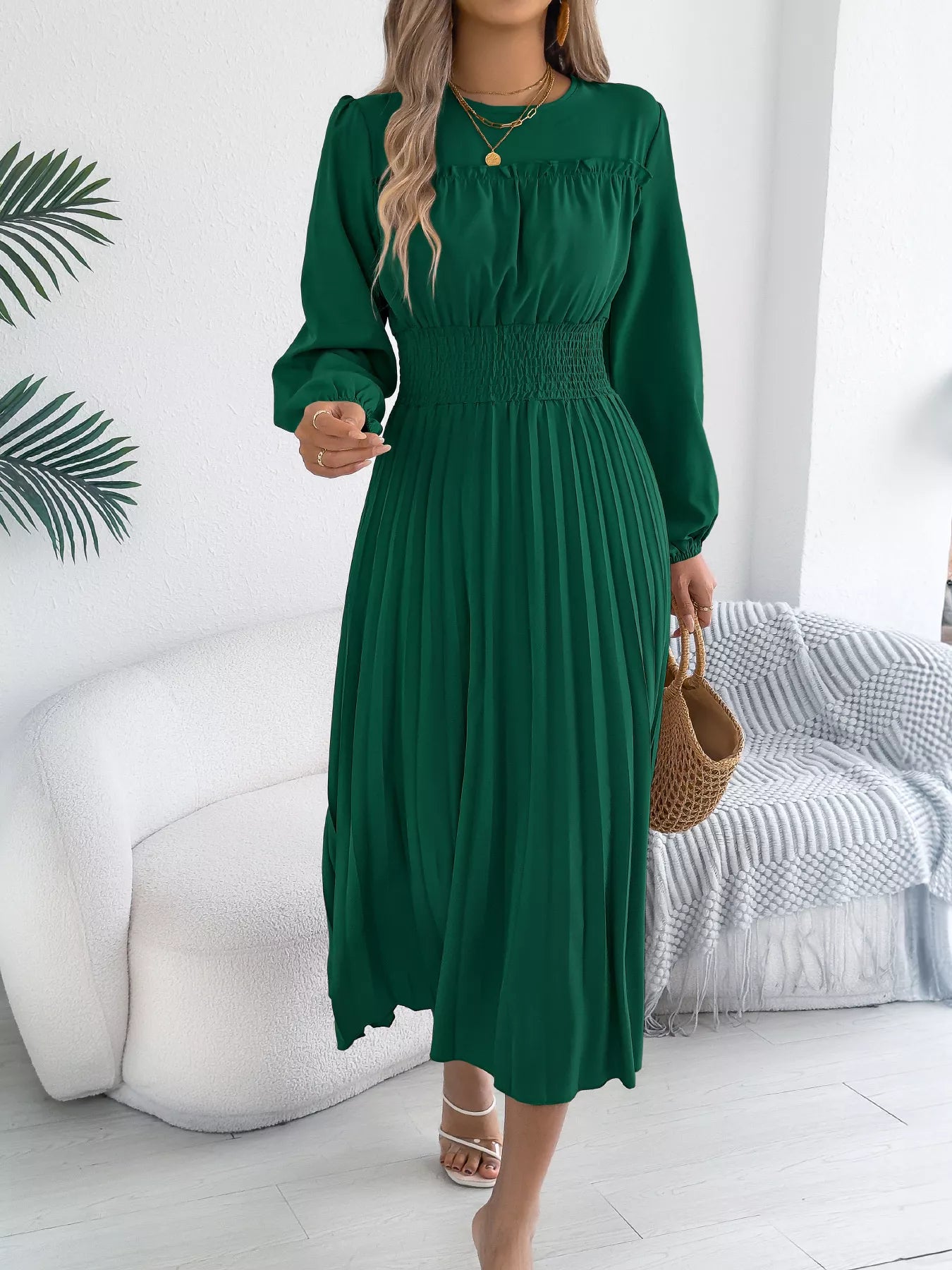 Pleated Waist-Defined Midi Dress | 3 Colors | Poundton-Tactilefable