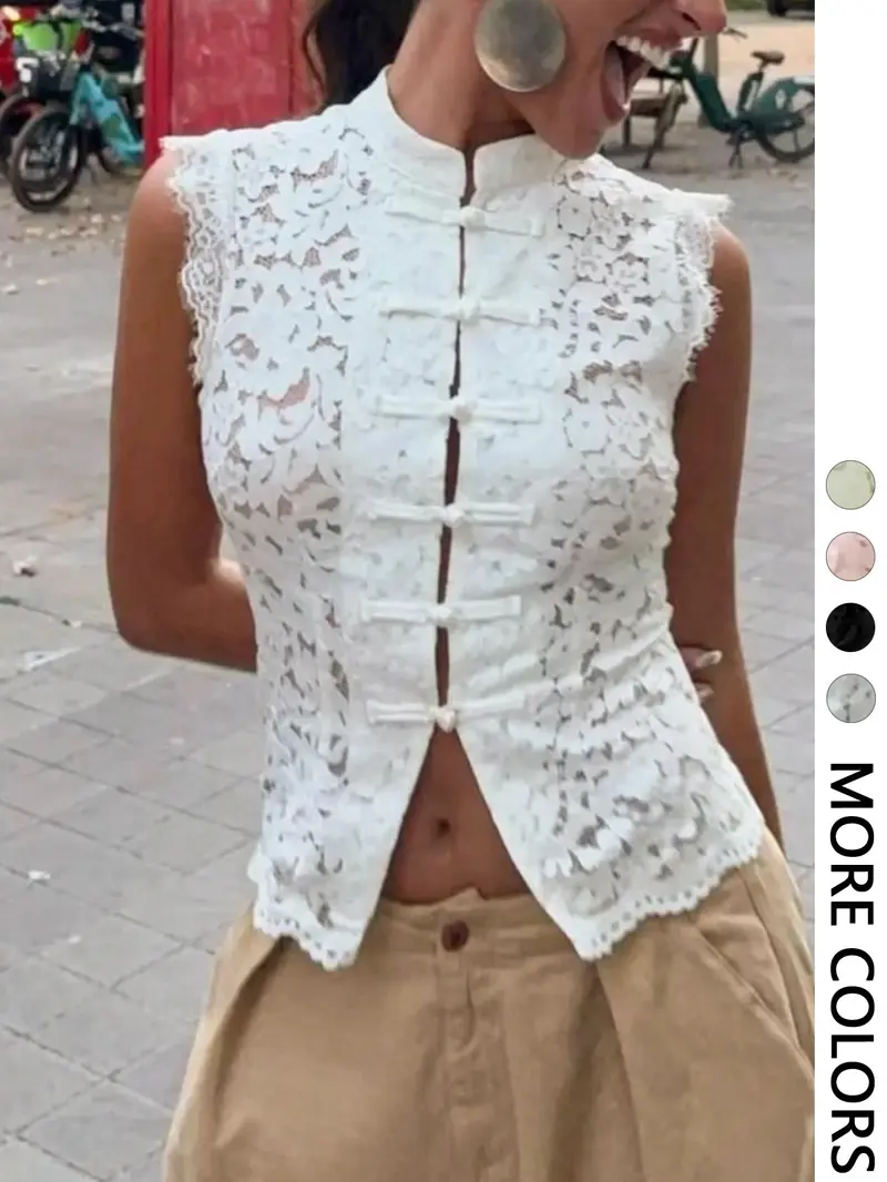 Women's Spring Summer Stand Collar Button Front Lace Vest, Floral Cut Out Hem, Lightweight Breathable Slim Fit, Casual Street Style Aesthetic Top, Fashion Vest Women's Spring Summer Stand Collar Button Front Lace Vest, Floral Cut Out Hem, Lightweight Breathable Slim Fit, Casual Street Style Aesthetic Top, Fashion Vest