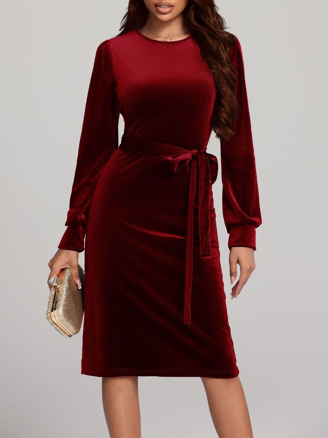 Round Neck Tie Waist Long Sleeve Velvet Dress | 4 Colors | Poundton-Tactilefable