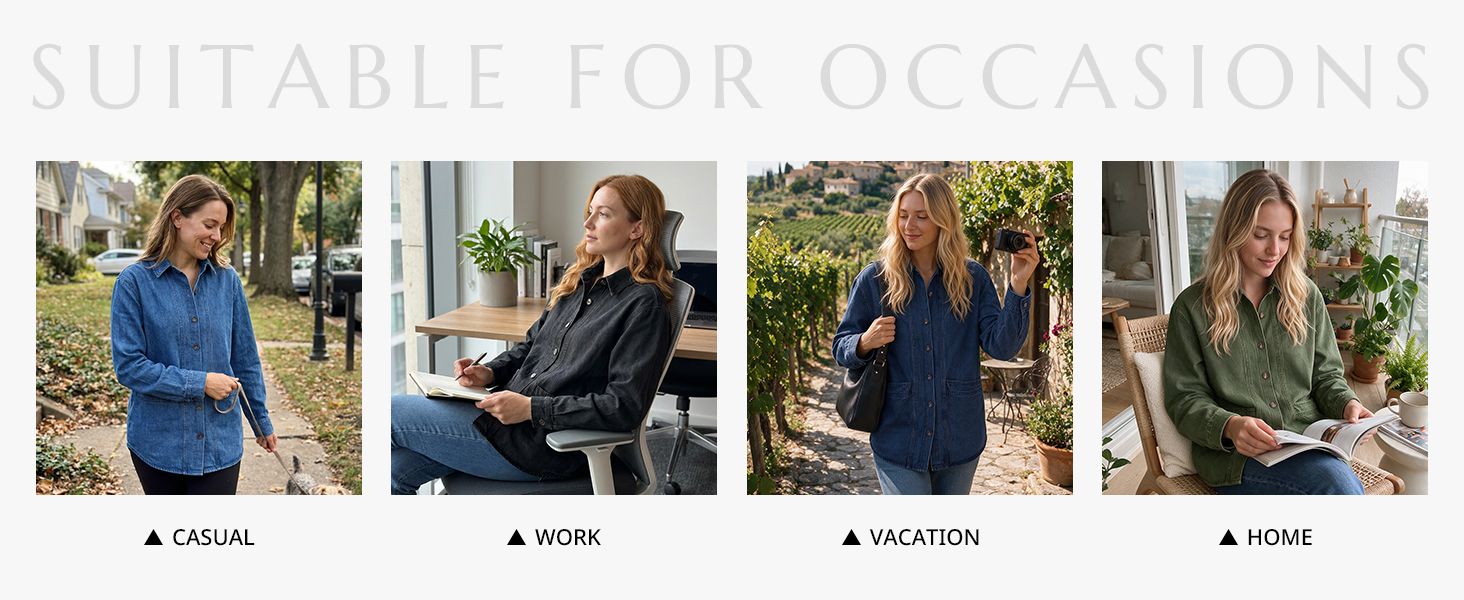 Denim jacket styled for casual, work, vacation, and home occasions.
