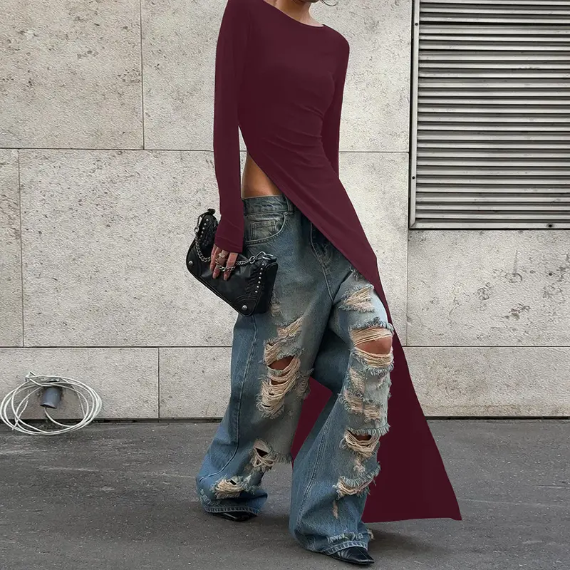 Women's Plain Asymmetrical Split Hem Slit Design Boat Neck Dress, Casual Long Sleeve Dress for Spring & Fall, Women's Clothing for Daily Wear Women's Plain Asymmetrical Split Hem Slit Design Boat Neck Dress, Casual Long Sleeve Dress for Spring & Fall, Women's Clothing for Daily Wear