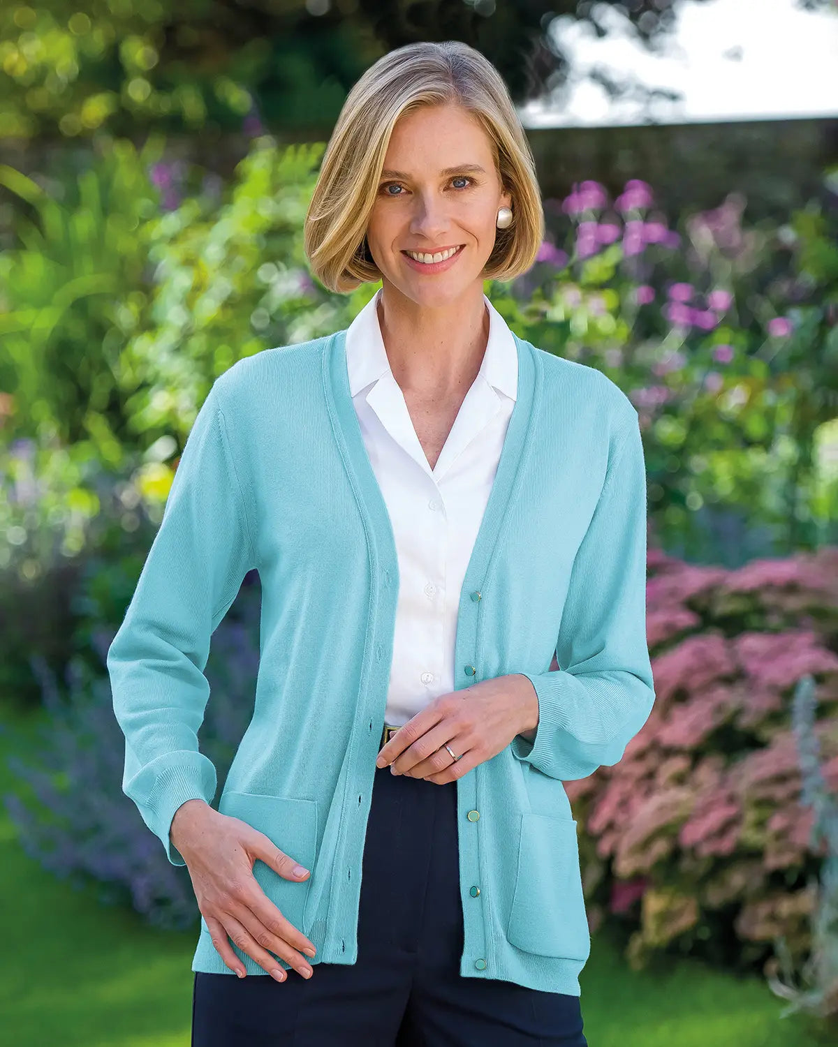 Ladies’ Pure Merino Wool V-Neck Cardigan – Aqua-Tactilefable