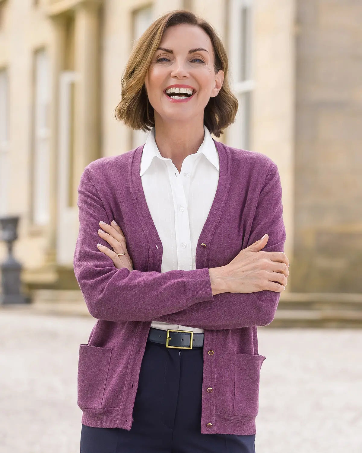 Ladies’ Pure Merino Wool V-Neck Cardigan – Plum-Tactilefable