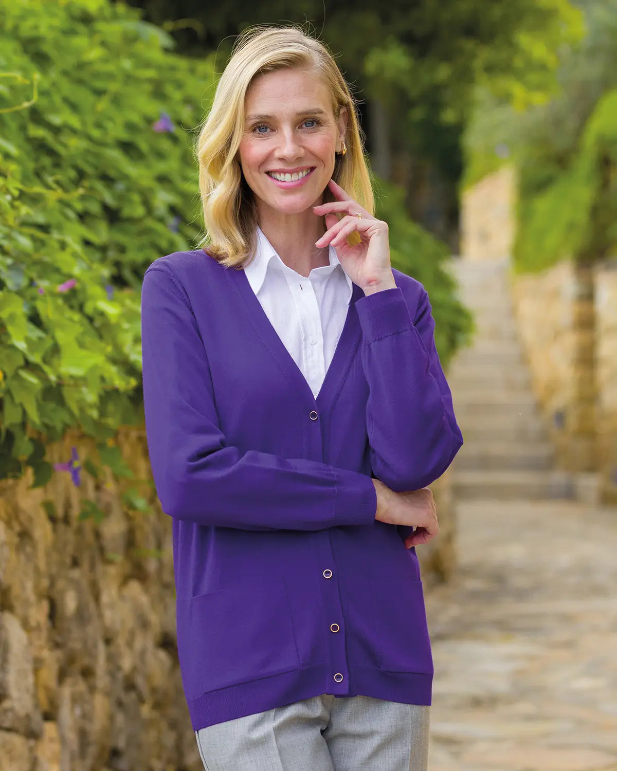 Ladies’ Pure Merino Wool V-Neck Cardigan – Purple-Tactilefable