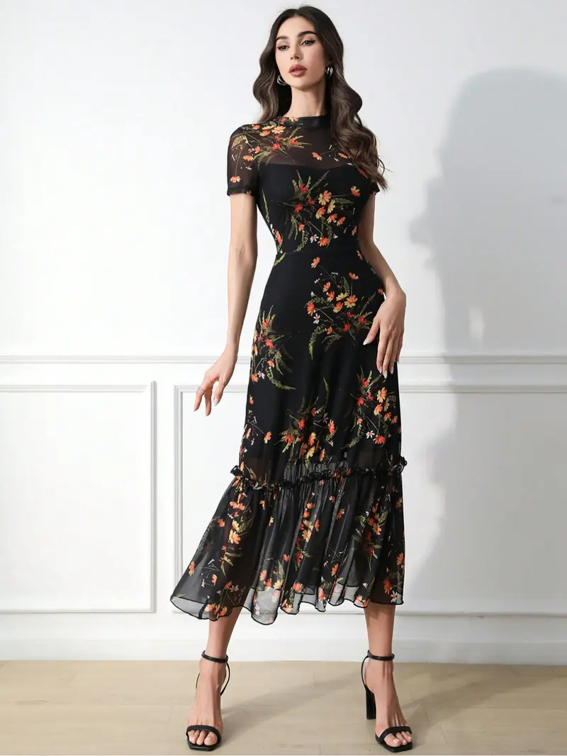 Women's Sexy Leopard Print Elegant Round Neck Mesh Skirt Dress, Stylish Casual Fashion, Perfect for Parties and Daily Wear, Date Night Dresses