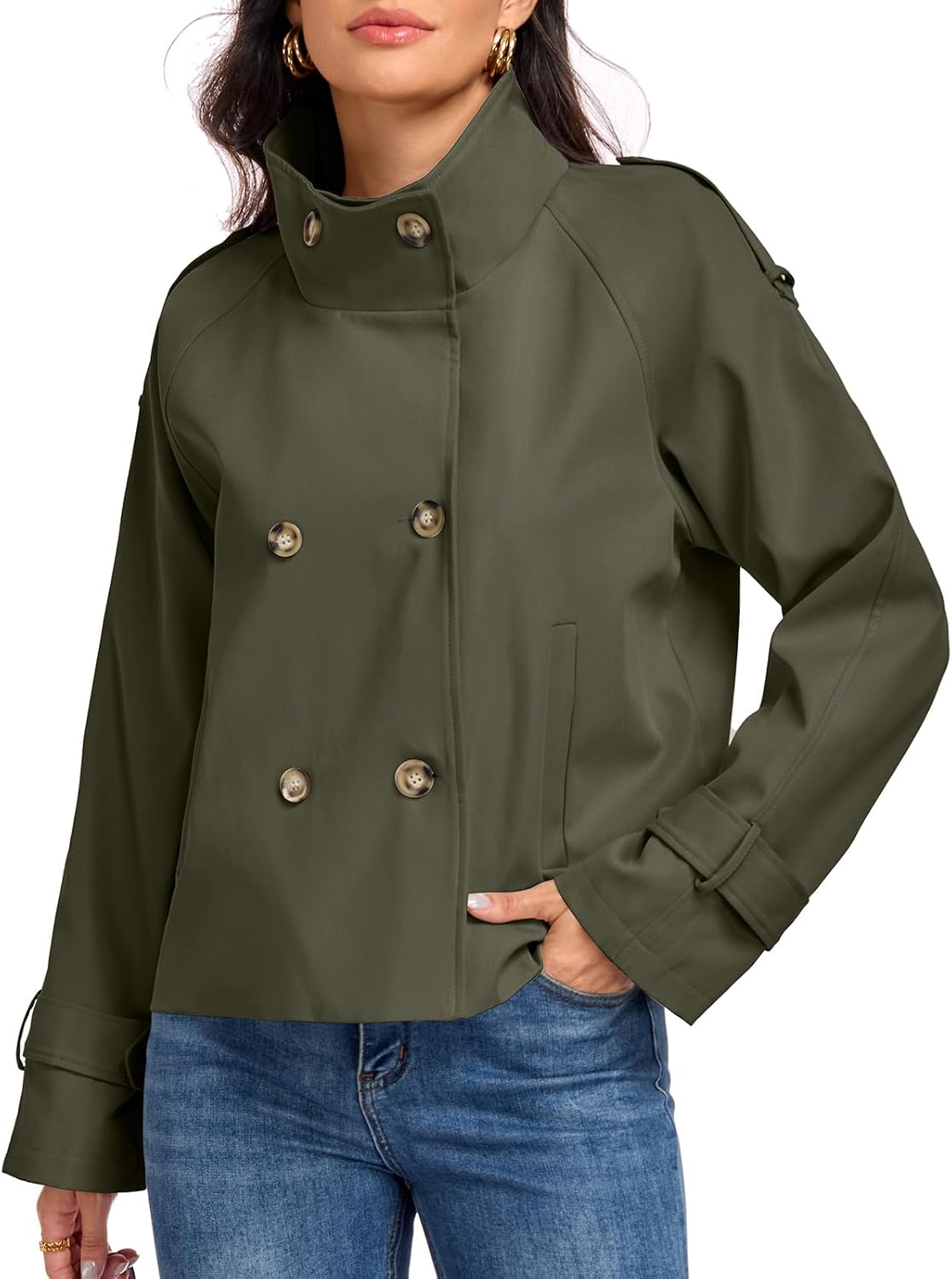 Womens Cropped Trench Coats Funnel Neck Breasted Fall Jacket with Pockets-Tactilefable