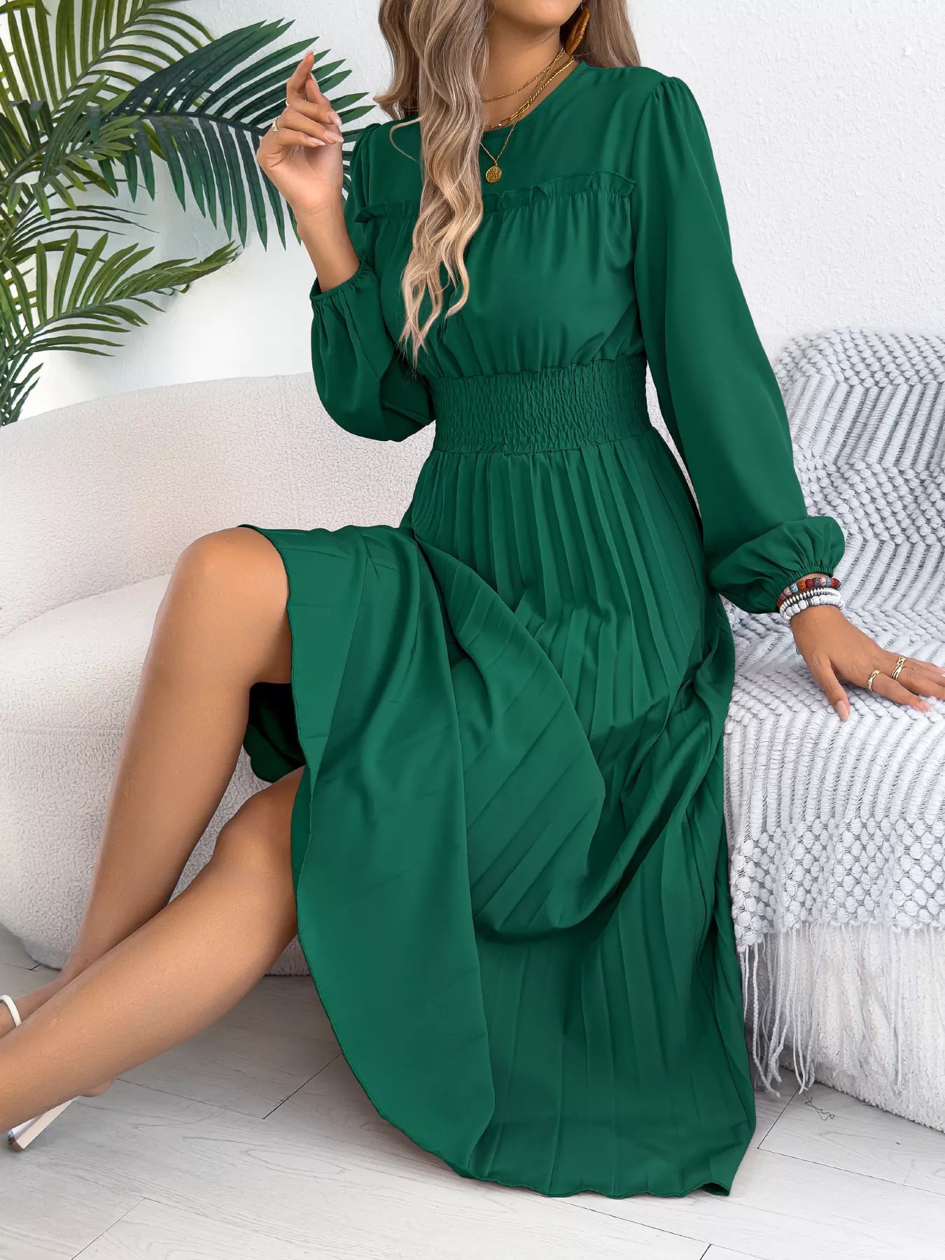 Pleated Waist-Defined Midi Dress | 3 Colors | Poundton-Tactilefable