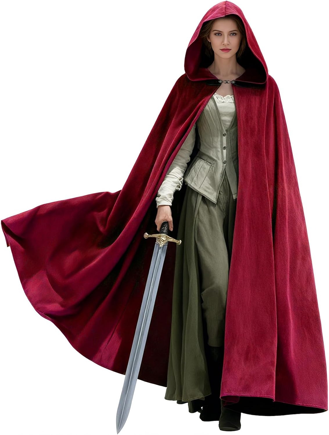Medieval Cloak with Hood, Renaissance Halloween Hooded Cape-Tactilefable