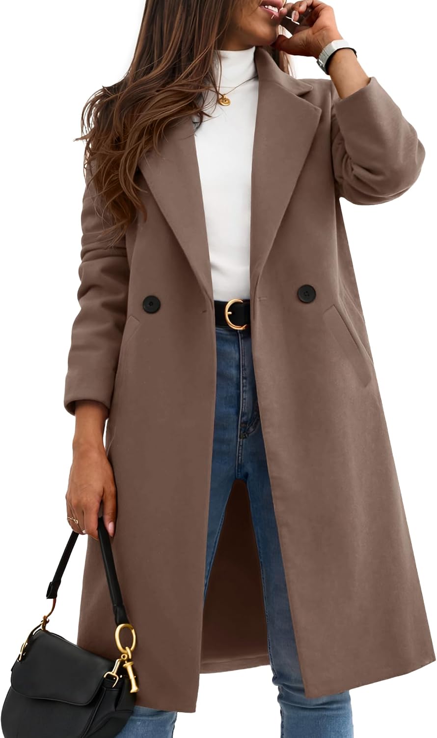 Women Winter Wool Coat Notch Lapel Single-Breasted Mid Long Peacoat-Tactilefable