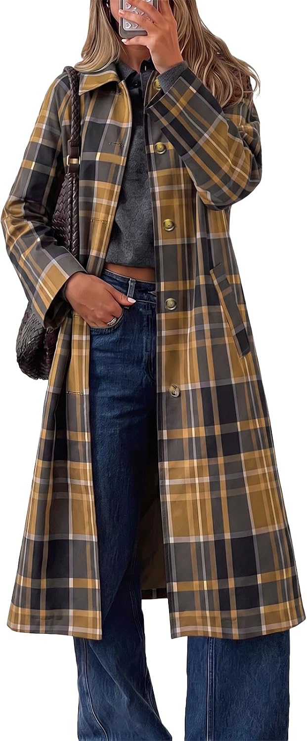 Womens Plaid Trench Coat Fall Lapel Single Breasted Long Jacket-Tactilefable