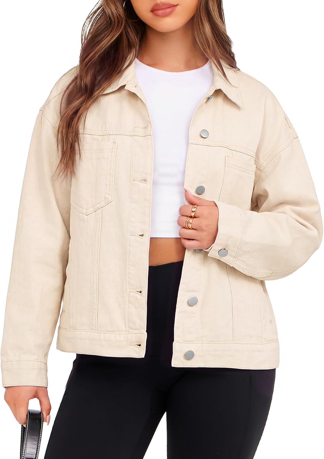 Womens Oversized Jean Jacket Casual Long Sleeve Button Down Denim Jacket Fall Coat-Tactilefable