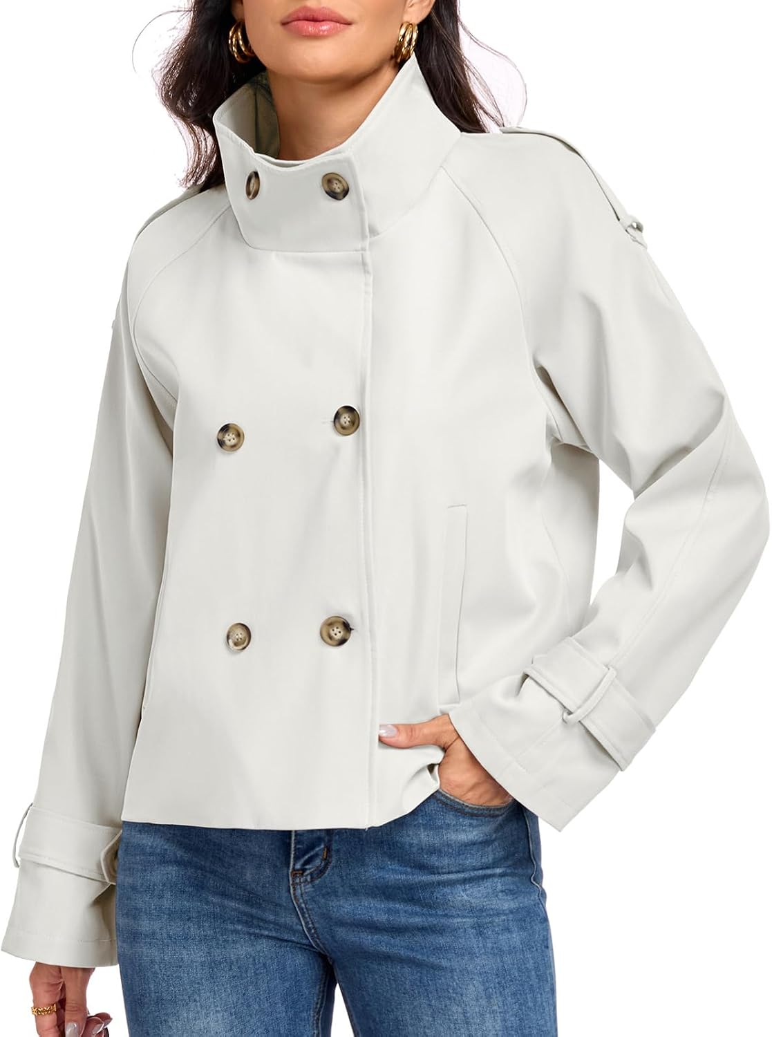 Womens Cropped Trench Coats Funnel Neck Breasted Fall Jacket with Pockets-Tactilefable