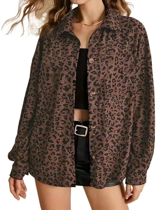 Womens Corduroy Shirt Long Sleeve Leopard Jacket Retro Oversized Button Up Cardigan Jackets-TACTILEFABLE
