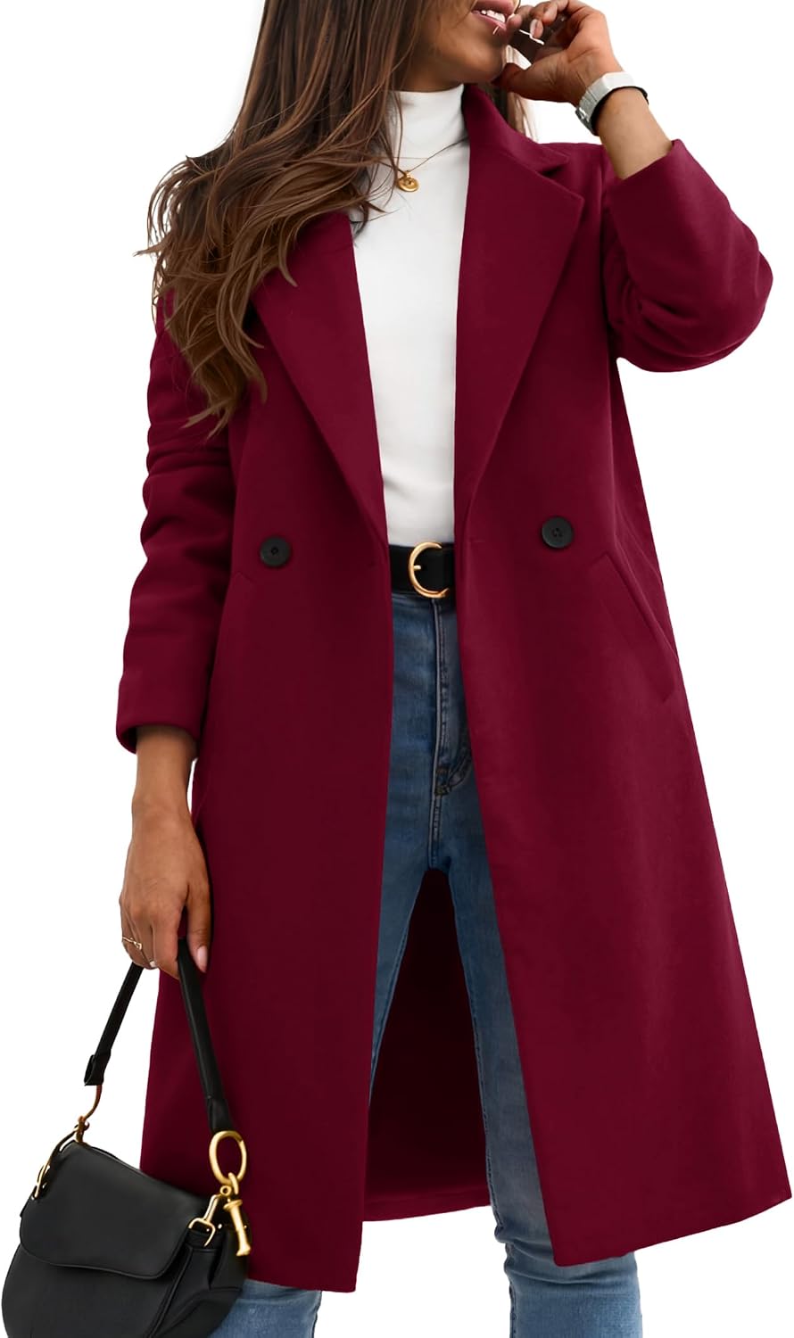 Women Winter Wool Coat Notch Lapel Single-Breasted Mid Long Peacoat-Tactilefable