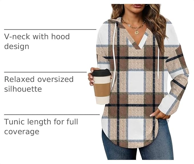 Women Plaid Hooded Long Sleeve Tunic Top, V Neck Drawstring Loose Casual Blouse-Tactilefable