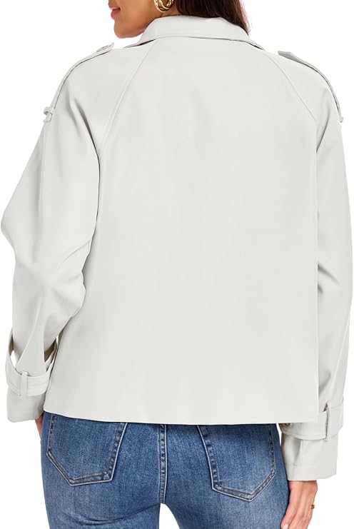 Womens Cropped Trench Coats Funnel Neck Breasted Fall Jacket with Pockets-Tactilefable