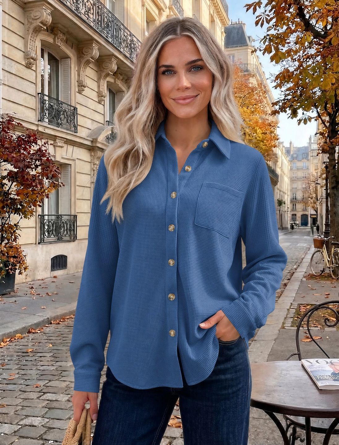 Women's Casual Waffle Knit Top, Button Down Long Sleeve Shacket-Tactilefable