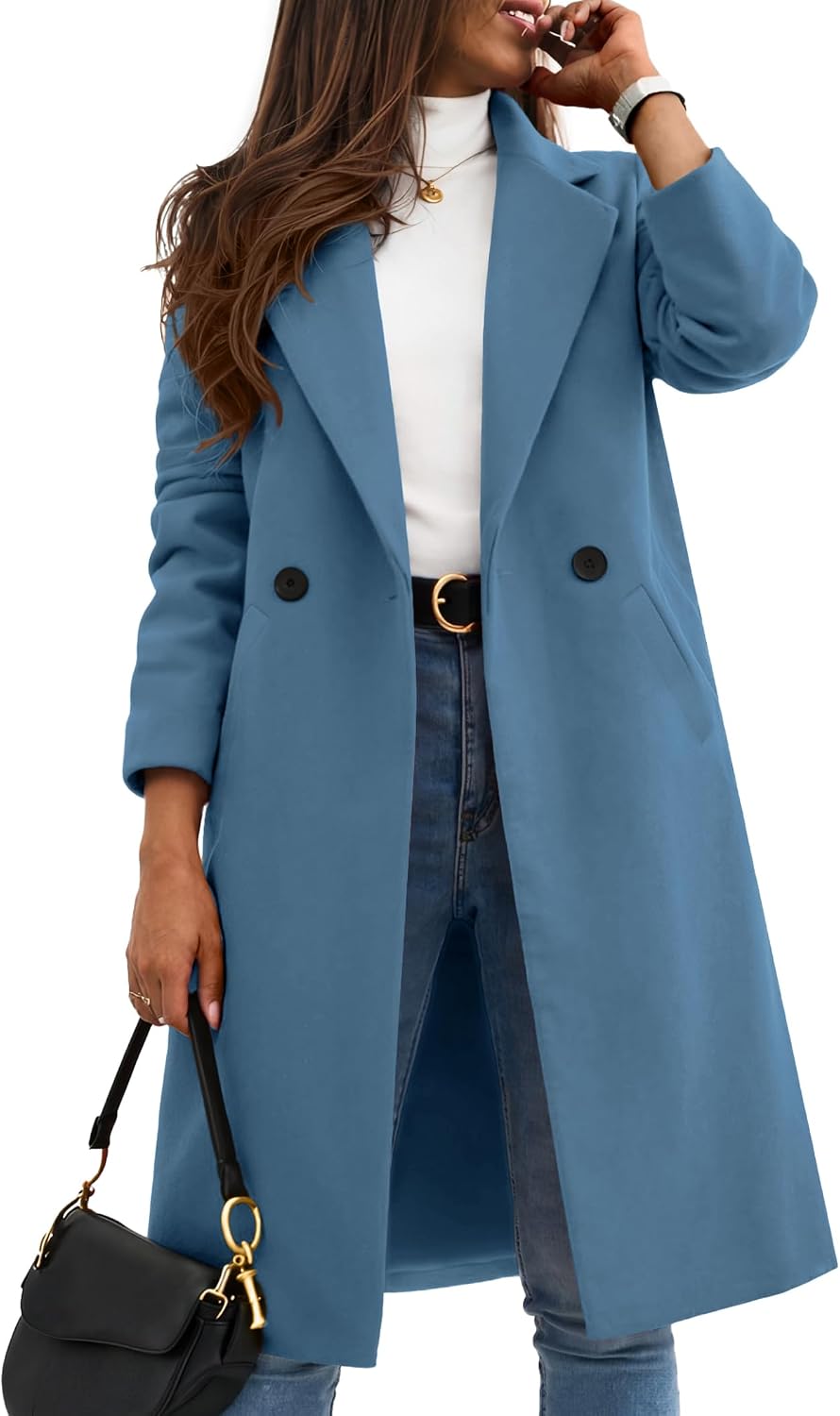 Women Winter Wool Coat Notch Lapel Single-Breasted Mid Long Peacoat-Tactilefable