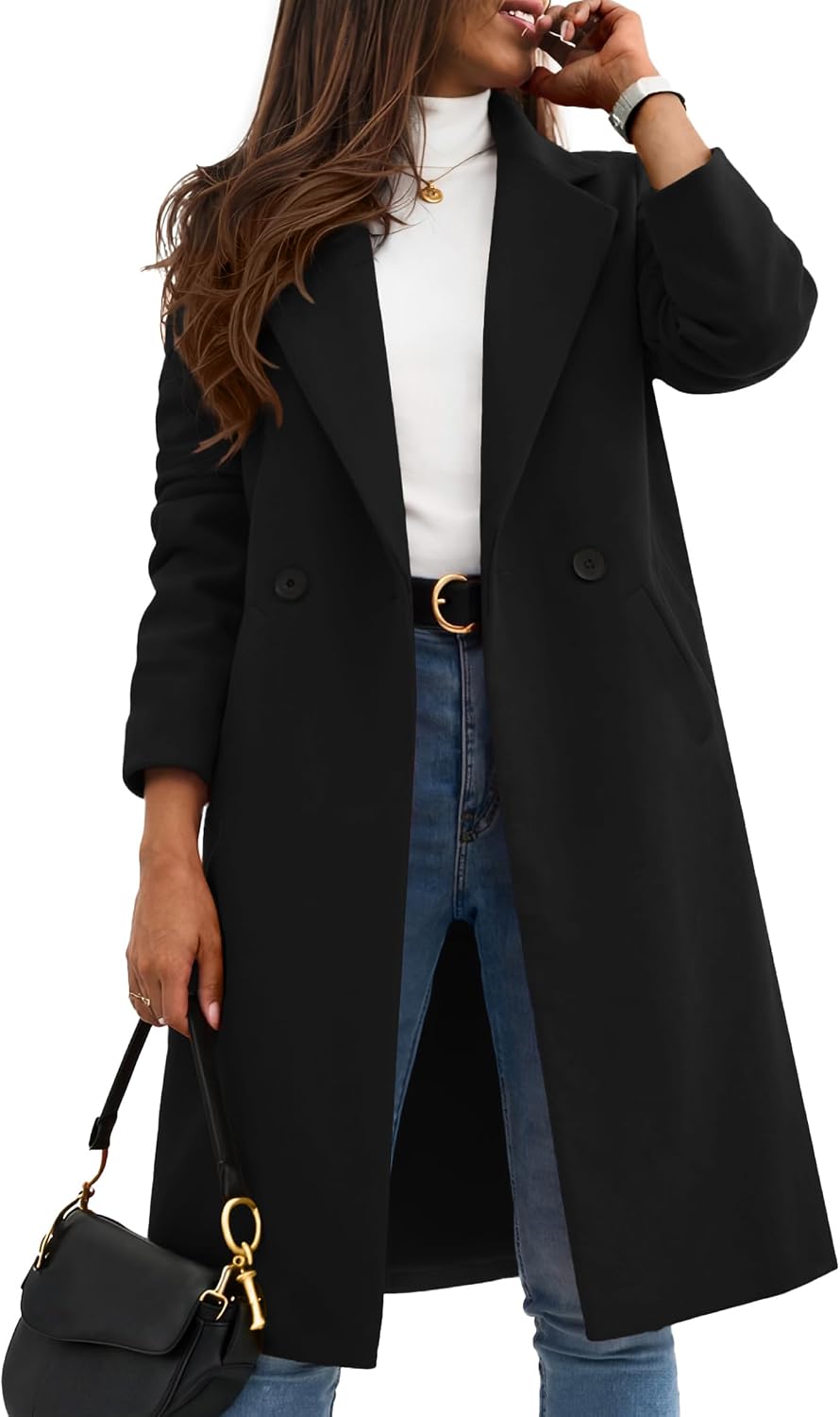 Women Winter Wool Coat Notch Lapel Single-Breasted Mid Long Peacoat-Tactilefable