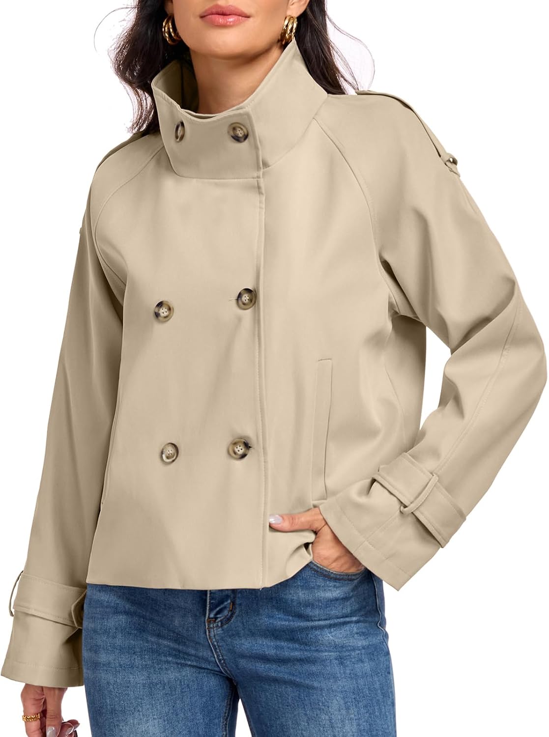Womens Cropped Trench Coats Funnel Neck Breasted Fall Jacket with Pockets-Tactilefable