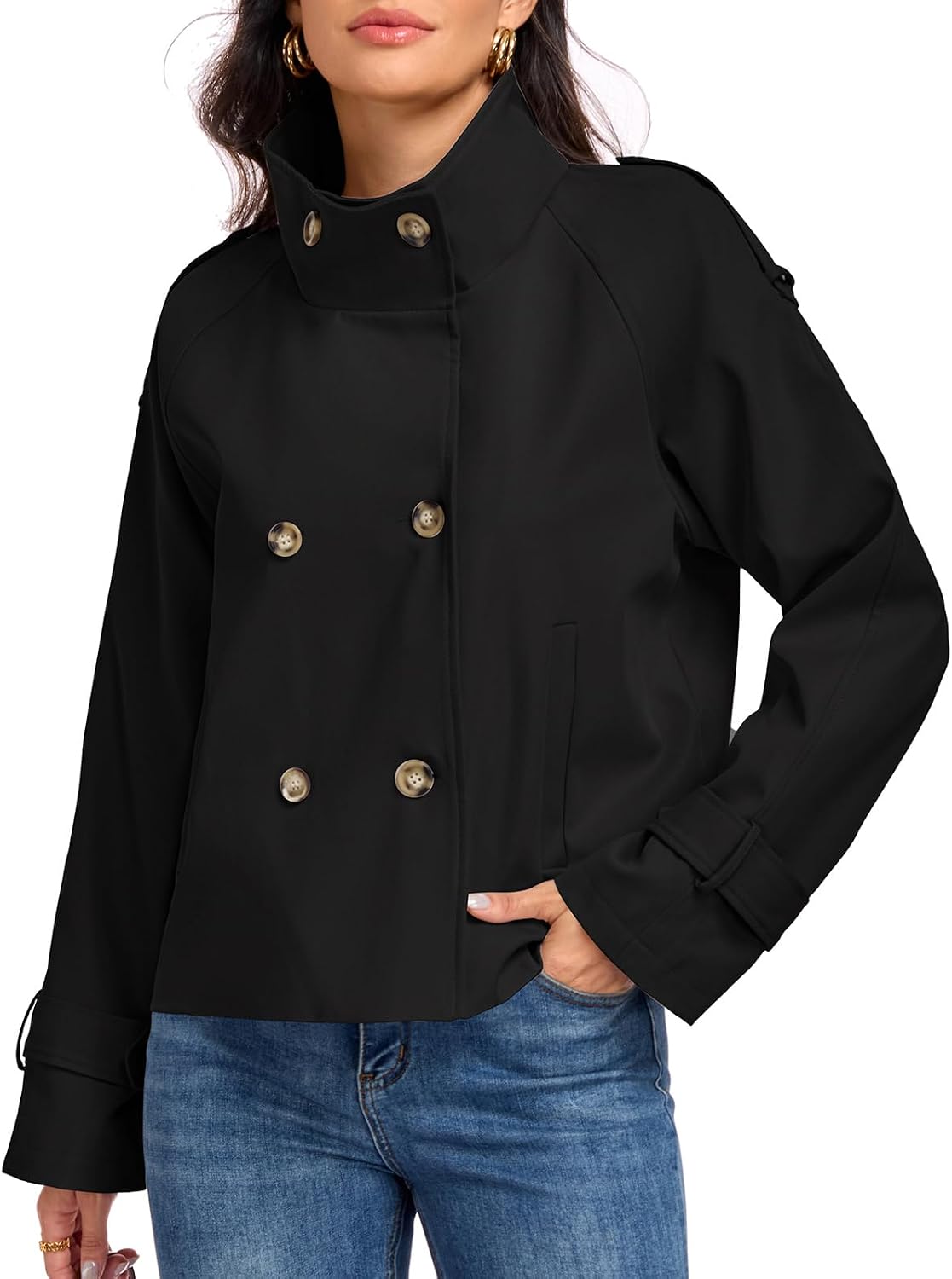 Womens Cropped Trench Coats Funnel Neck Breasted Fall Jacket with Pockets-Tactilefable