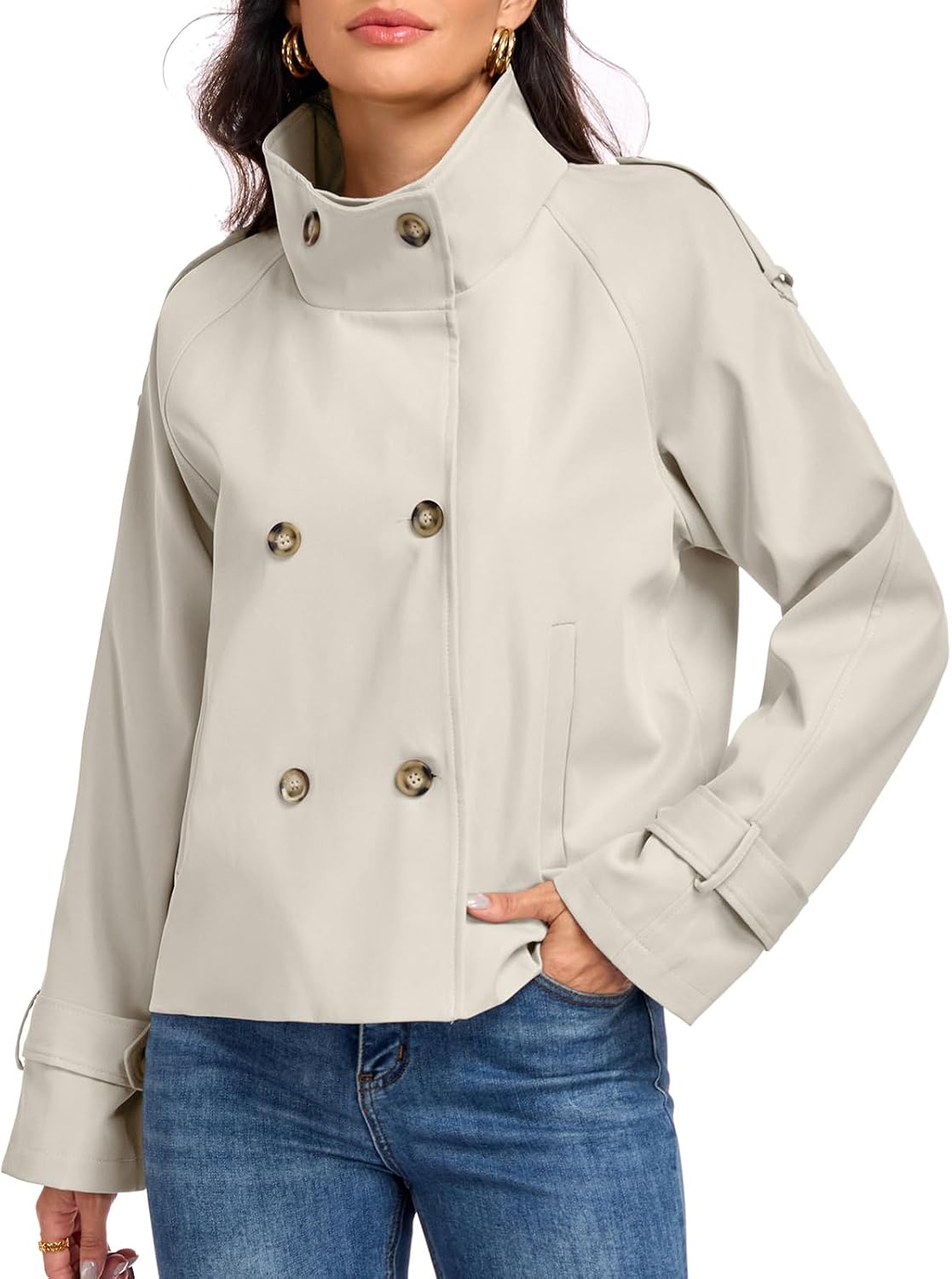 Womens Cropped Trench Coats Funnel Neck Breasted Fall Jacket with Pockets-Tactilefable