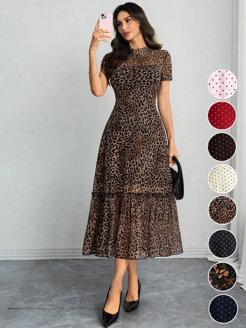 Women's Sexy Leopard Print Elegant Round Neck Mesh Skirt Dress, Stylish Casual Fashion, Perfect for Parties and Daily Wear, Date Night Dresses