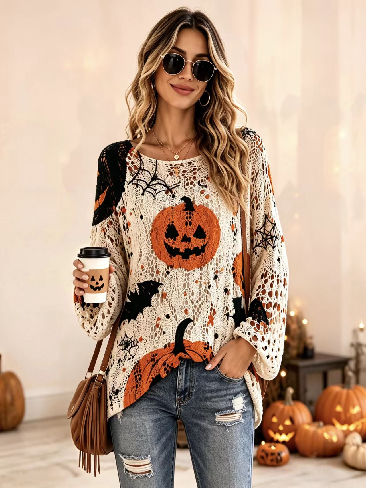Women's Long-Sleeve Style Knitwear Piece, Halloween Pumpkin-Bat Print Casual Fall Pullover.-TACTILEFABLE