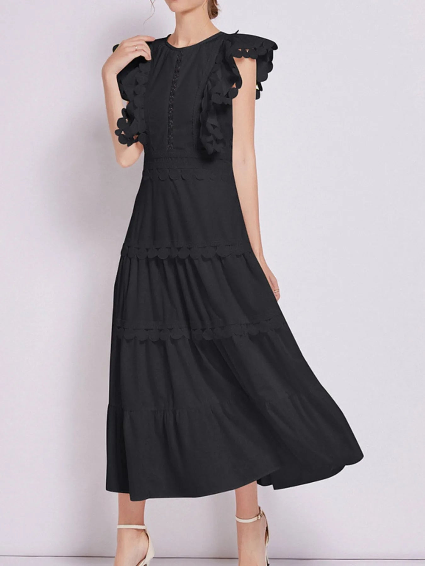 Flutter Sleeve Tiered Maxi Dress with Embroidered Trim | 3 Colors-Tactilefable