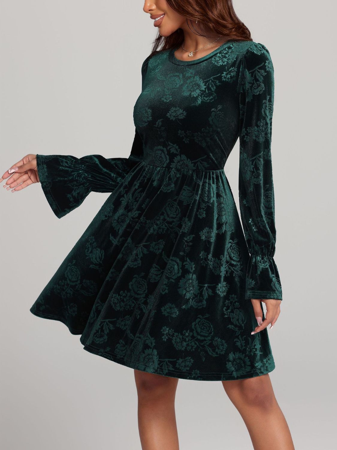 Angela Tied Flower Print Round Neck Flounce Sleeve Dress-Tactilefable