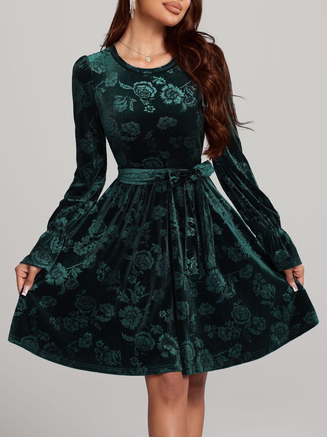 Angela Tied Flower Print Round Neck Flounce Sleeve Dress-Tactilefable