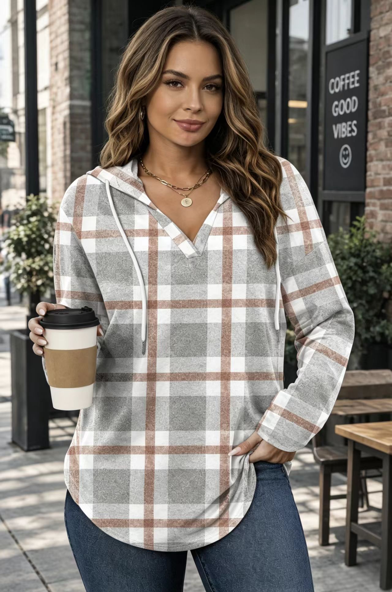 Women Plaid Hooded Long Sleeve Tunic Top, V Neck Drawstring Loose Casual Blouse-Tactilefable