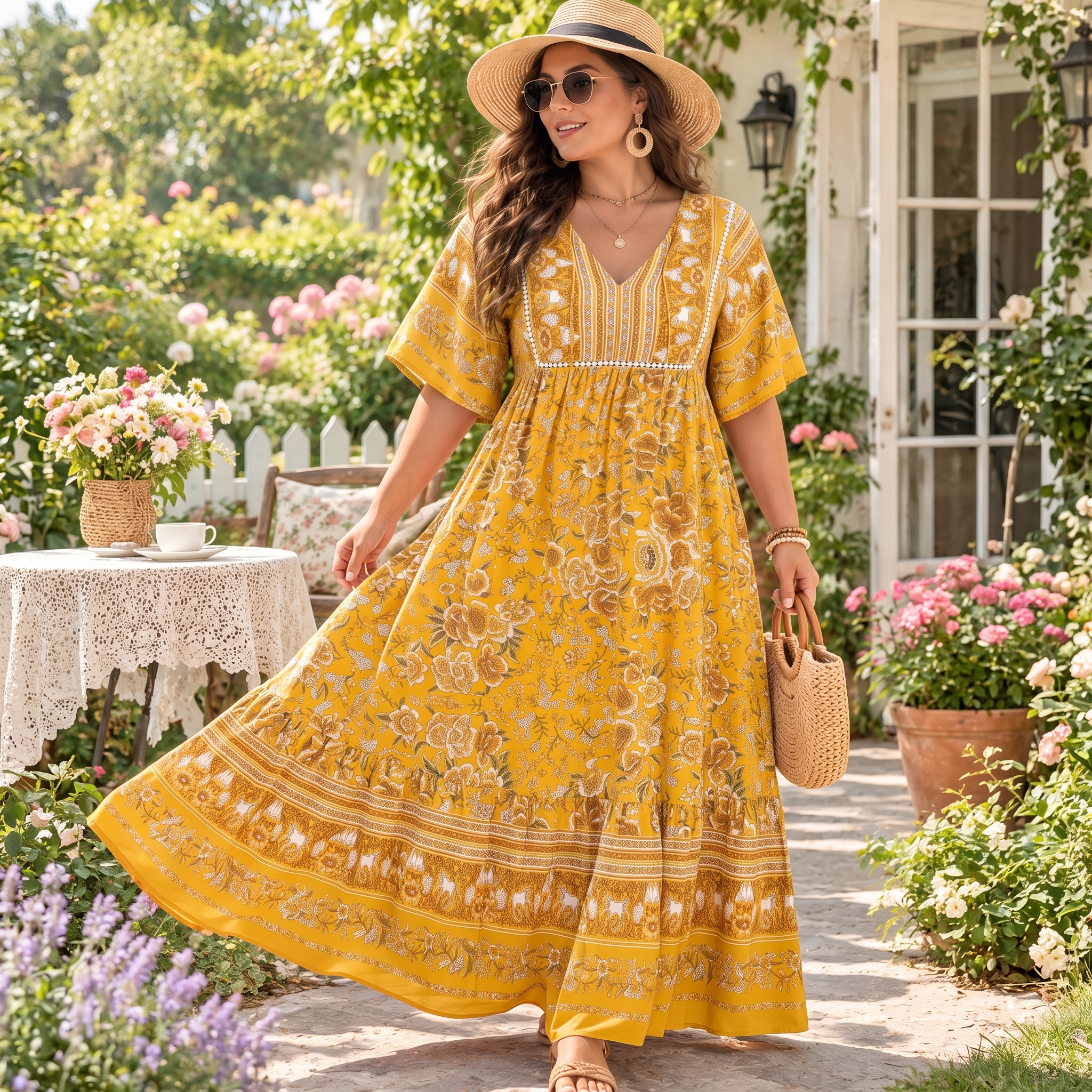 Floral Boho V-Neck Flutter Sleeve Maxi Dress-Tactilefable