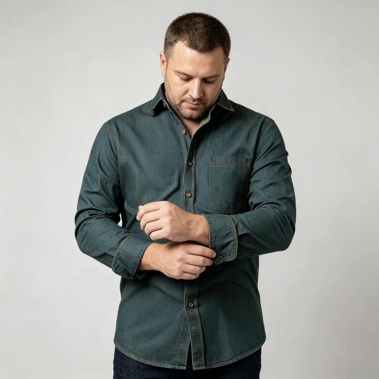 Men's Denim Shirt, Pure Cotton, Wrinkle-Free, Solid Color, Long Sleeve-Tactilefable