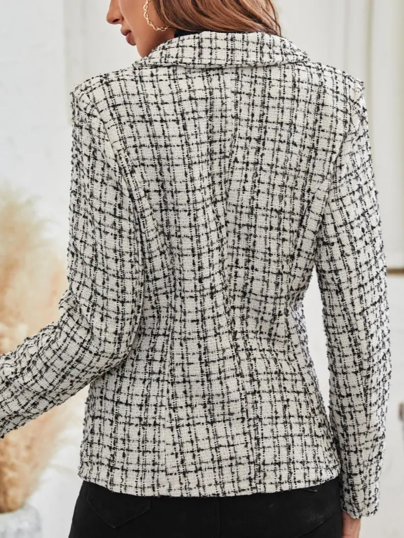 Women's Plaid Print Double Button Flap Detail Lapel Trendy Fashion Blazer, Casual Long Sleeve Outerwear for Fall & Winter, Ladies Clothes for Work Office Business, Elegant