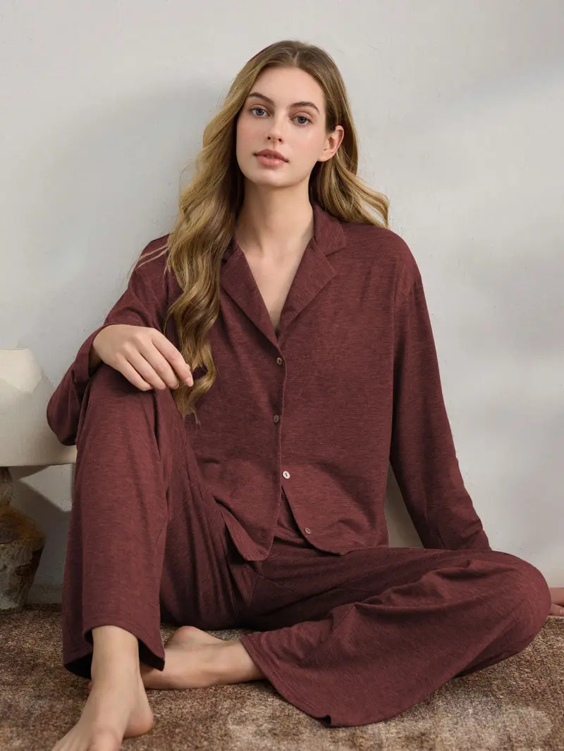 Women's Casual Fall Winter Pajama Set, Soft Skin-Friendly Fabric, Long Sleeve Lapel Design, Indoor Outdoor Wear, Two-Piece Sleepwear