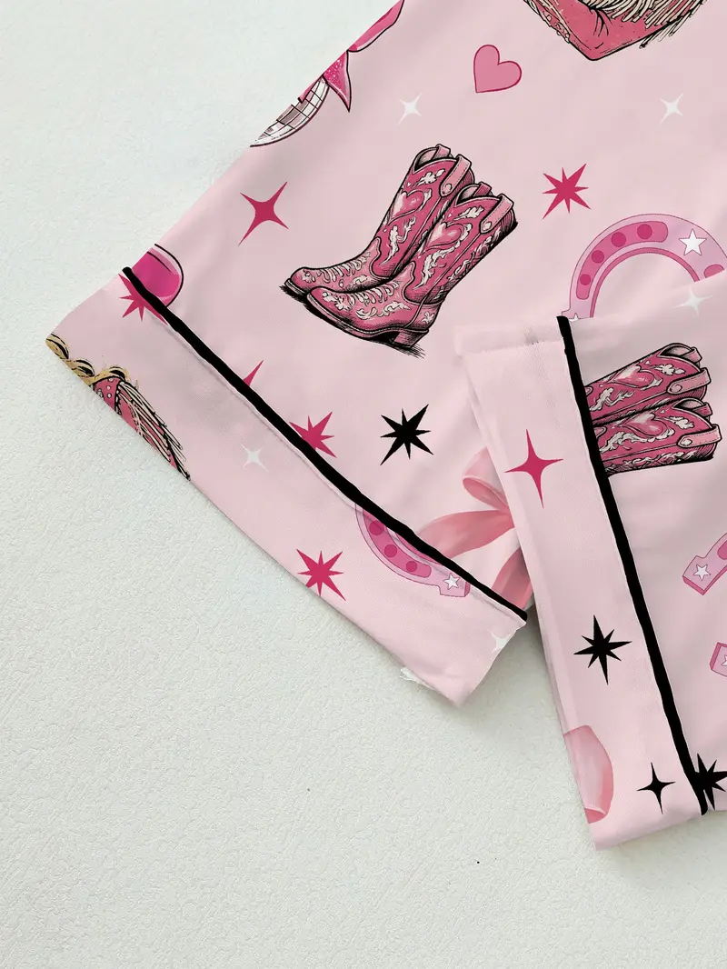 Country Music Guitar Print Cowgirl 2-Piece Pajama Set, Comfortable Knit Long Sleeve Button Front Homewear, Fall & Winter Loungewear Country Music Guitar Print Cowgirl 2-Piece Pajama Set, Comfortable Knit Long Sleeve Button Front Homewear, Fall & Winter Loungewear