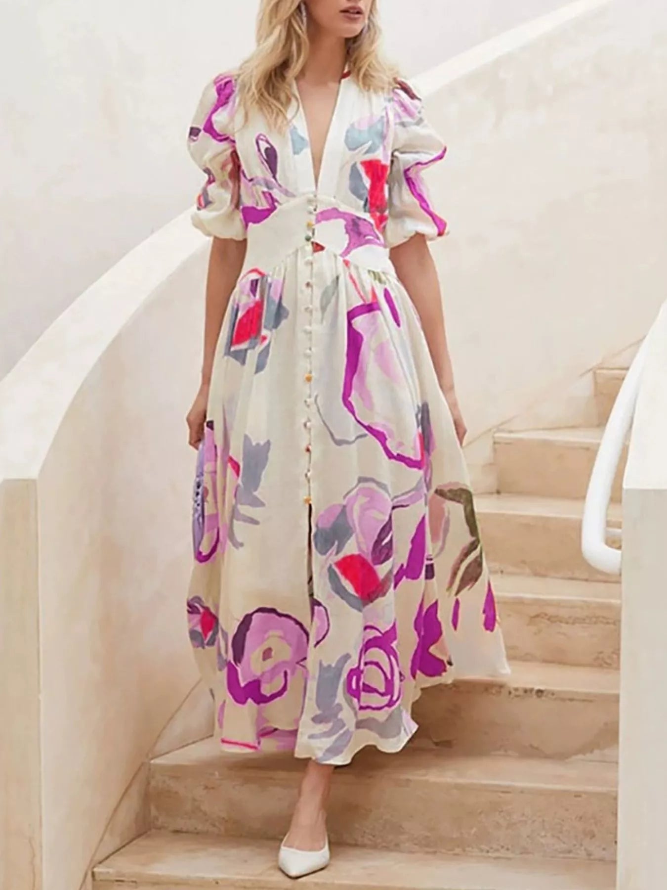Genevieve Painted Print Puff Sleeve Maxi Dress | 5 Colors-Tactilefable