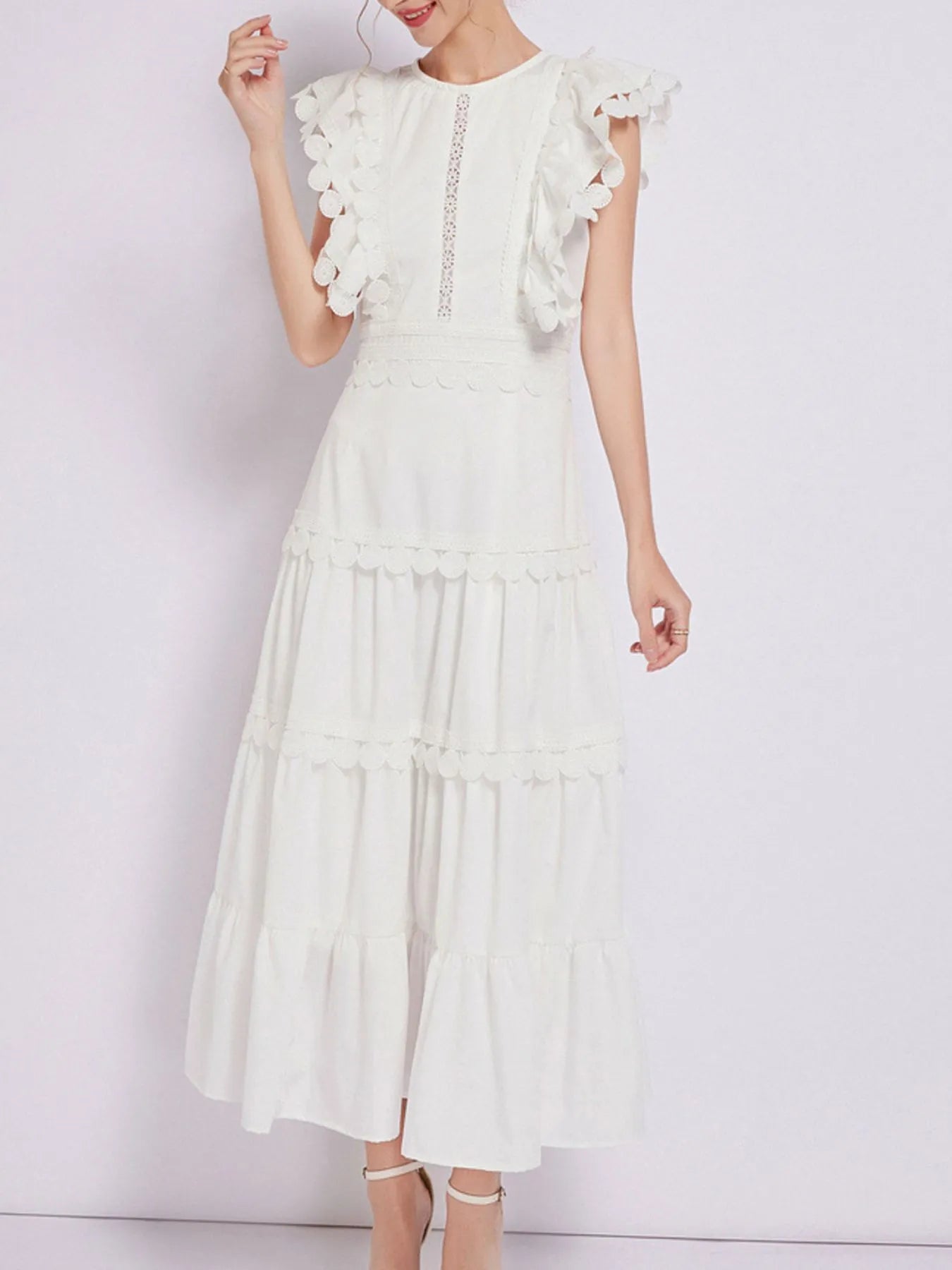 Flutter Sleeve Tiered Maxi Dress with Embroidered Trim | 3 Colors-Tactilefable