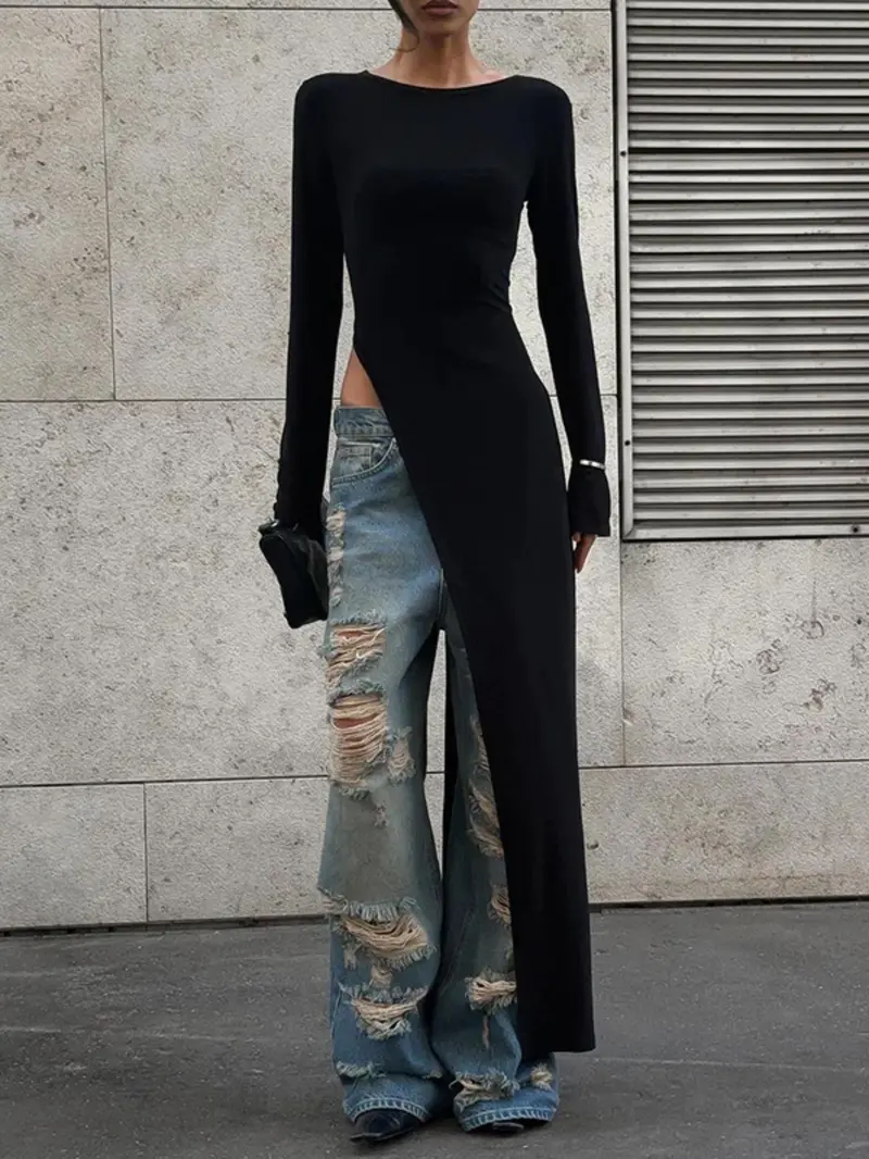 Women's Plain Asymmetrical Split Hem Slit Design Boat Neck Dress, Casual Long Sleeve Dress for Spring & Fall, Women's Clothing for Daily Wear Women's Plain Asymmetrical Split Hem Slit Design Boat Neck Dress, Casual Long Sleeve Dress for Spring & Fall, Women's Clothing for Daily Wear
