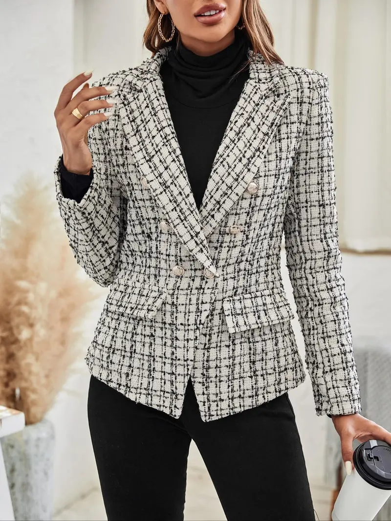 Women's Plaid Print Double Button Flap Detail Lapel Trendy Fashion Blazer, Casual Long Sleeve Outerwear for Fall & Winter, Ladies Clothes for Work Office Business, Elegant
