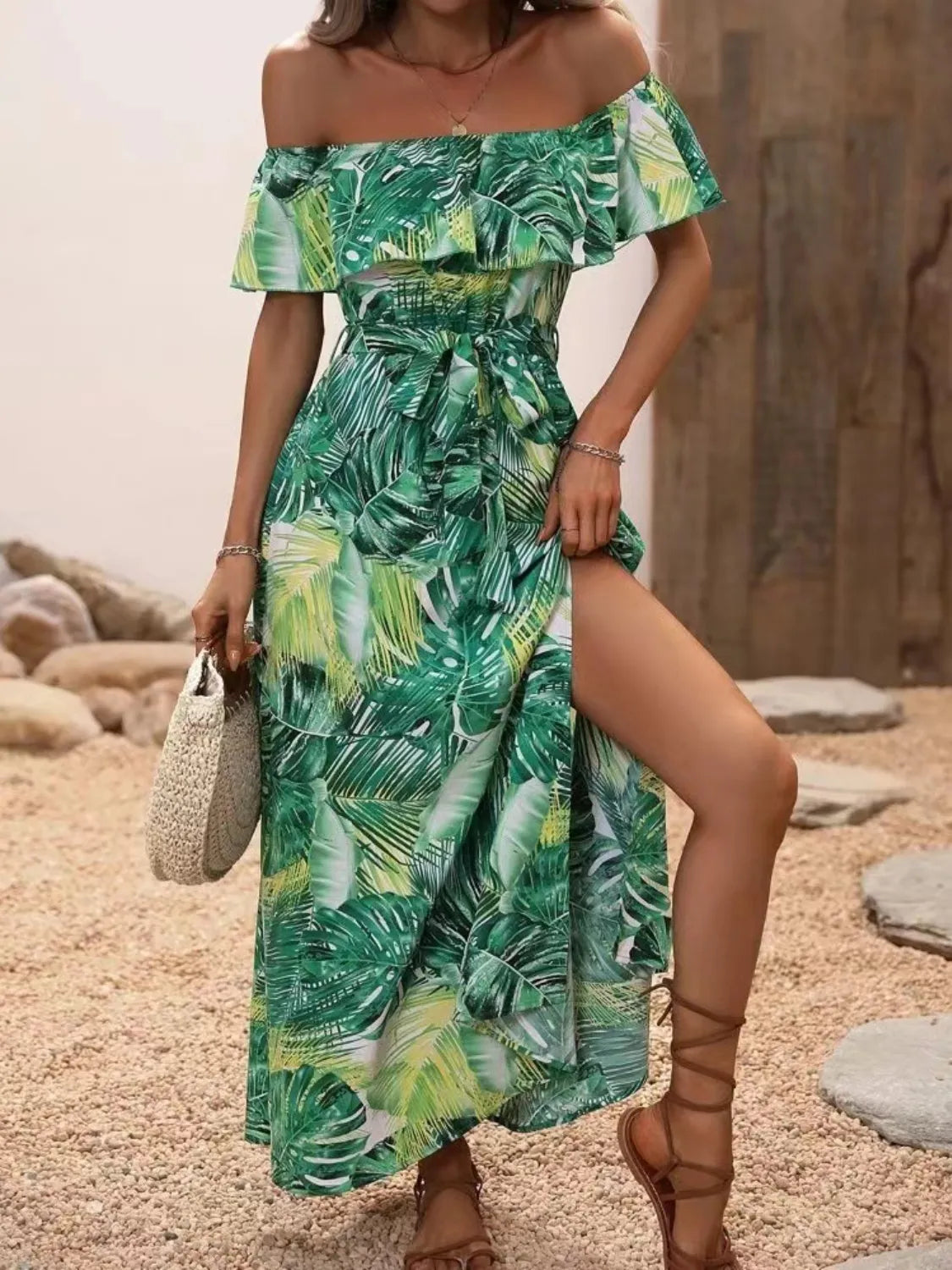 Moonlit Ruffled Printed Off Shoulder Maxi Dress | 4 colors | Poundton-Tactilefable