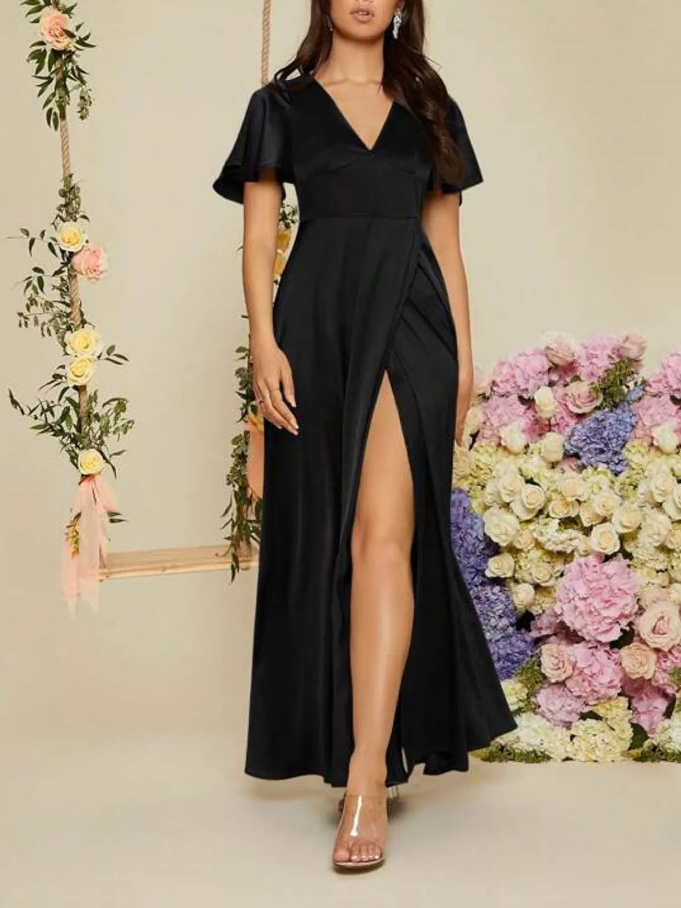 Serena Flutter Sleeve Satin Maxi Dress | 5 Colors | Poundton-Tactilefable