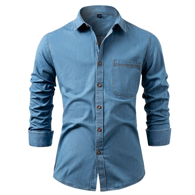 Men's Denim Shirt, Pure Cotton, Wrinkle-Free, Solid Color, Long Sleeve-Tactilefable